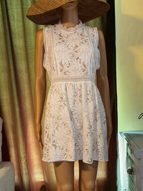 Altar’d State White Lace Nude Dress Boho Floral Large High Neck Fit & Flare